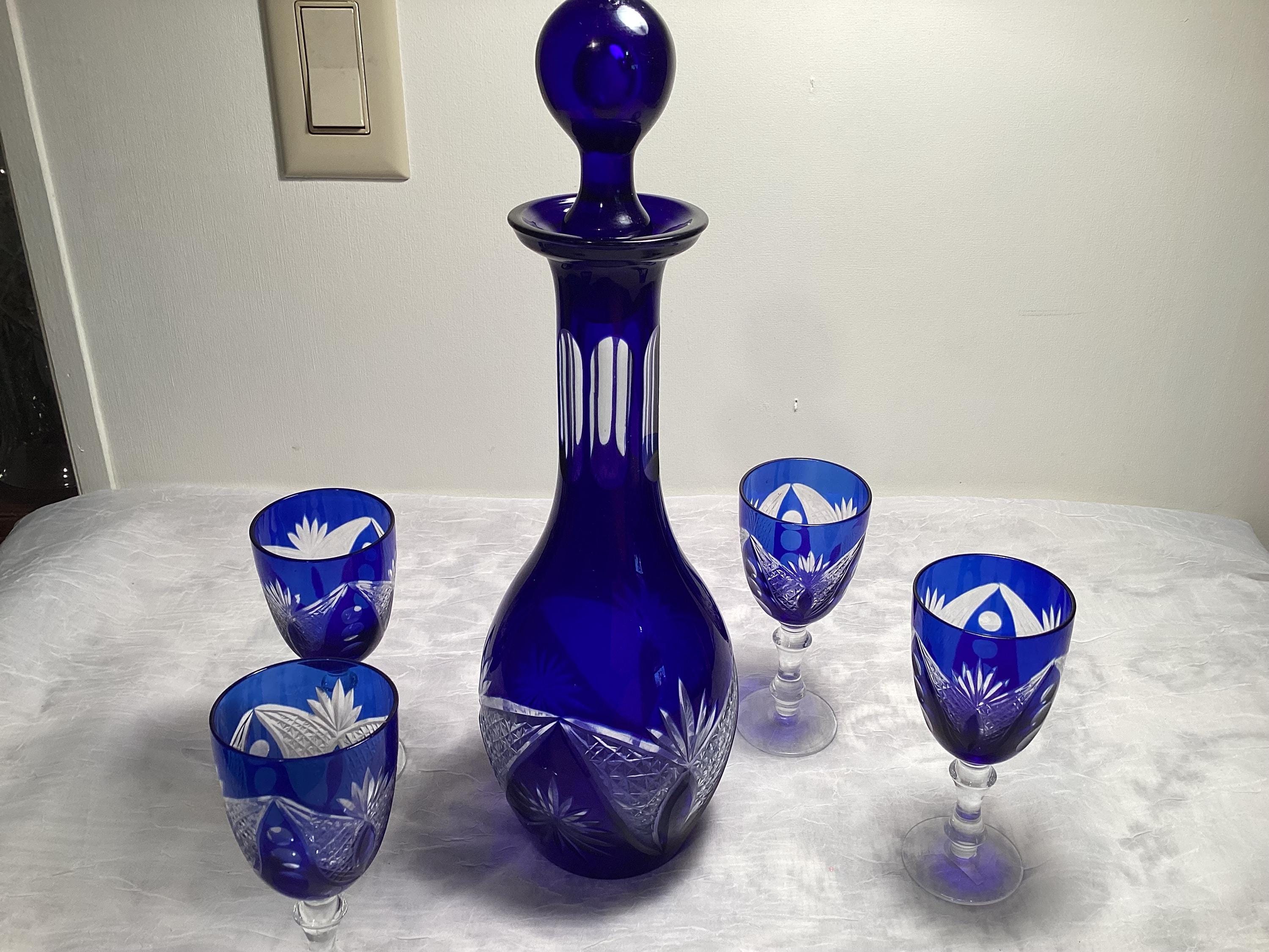Bohemian Cobalt Blue and Clear Wine Decanter with 4 Glasses
