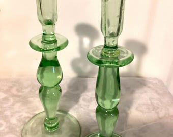 Vintage Light Green Glass Candleholders - 13.5 Inch Pair