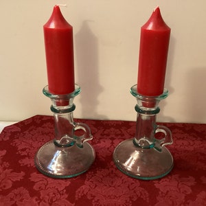 Vintage Vetreria Etruscan Green Glass Candlesticks ( made in Italy )