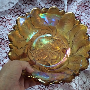 Large iridescent amber carnival glass serving bowl