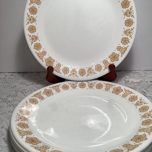 May include: A set of white round dinner plates featuring a repeating golden-brown floral pattern along the rim. The plates are made of a smooth, glossy material and are stacked together, with one plate displayed upright on a small stand.
