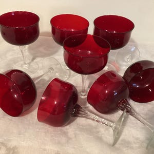 Set of 8 Saturn Red Champagne/ Sherbet Glasses With Clear Twisted Stems
