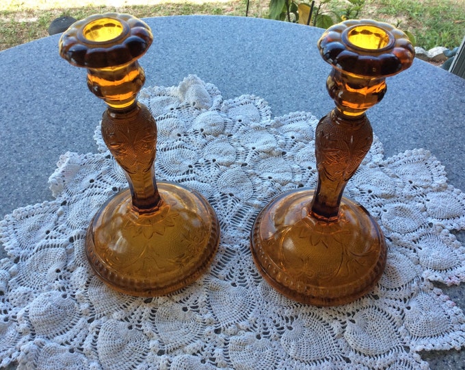 Vintage Amber Glass Candle Holders Etsy