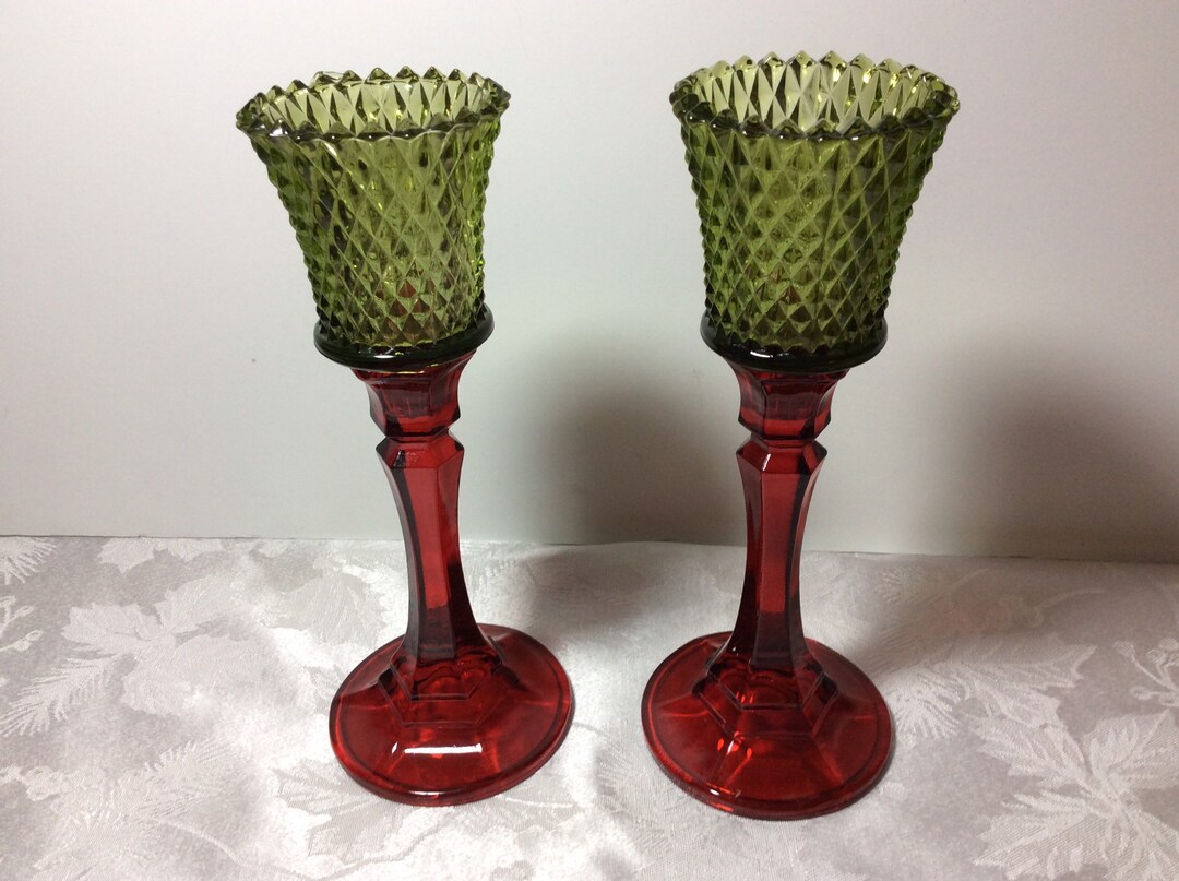 Pair of Red Candle Holders With Green Votives Etsy