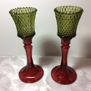 Pair of Red candle holders with green votives