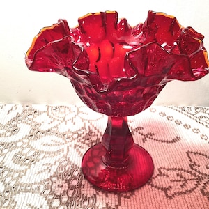 Beautiful Vintage Ruby Red Thumbprint Pedestal Compote Dish