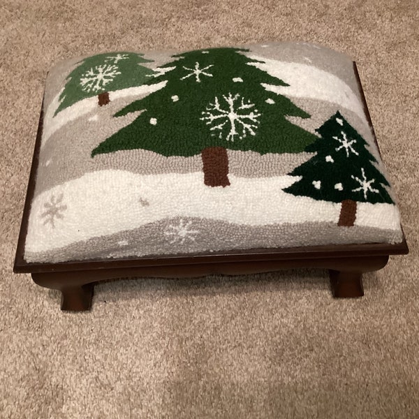 Small Wooden Rectangular Footstool with Christmas Trees Design