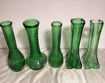 Set of 5 Green Bud Vases, 9-Inch Tall Glass Flower Holders