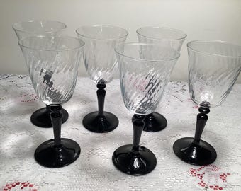 Stunning set of 6 French Black Stem Wine Glasses