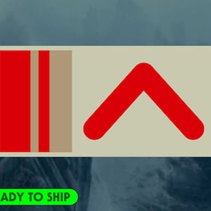 May include: A rectangular design with a light beige background. It features a red vertical stripe, a tan vertical stripe, and a red upward-pointing arrow. The text "READY TO SHIP" is in a green rectangle at the bottom.