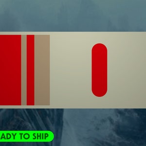 May include: A rectangular design with a light beige background. The left side features two vertical red stripes and a tan stripe. The right side has a single red, rounded-end vertical stripe. The text "READY TO SHIP" is in a green rounded rectangle.