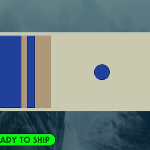 May include: A rectangular design with a beige background, featuring a blue circle and vertical blue and tan stripes. The phrase "READY TO SHIP" is displayed in a green rectangle at the bottom.