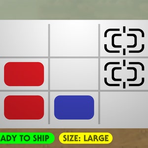 May include: A white grid with red and blue rectangles, and black symbols. The text "READY TO SHIP" is in a green rectangle, and "SIZE: LARGE" is in a yellow rectangle.