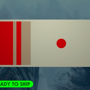 May include: A rectangular design with a cream background. A red circle is on the right side. On the left side are two vertical red stripes and a tan stripe. The words "READY TO SHIP" are in a green rectangle at the bottom.