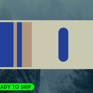 May include: A rectangular design with a light beige background. The left side features vertical stripes in blue and tan. The right side has a blue, elongated oval shape. The words "READY TO SHIP" are in a green rectangle at the bottom.