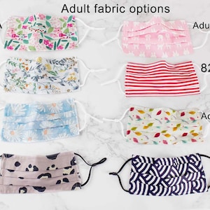May include: Six different fabric options for adult face masks. The fabrics include floral prints, stripes, and geometric patterns. The masks are labeled with the product codes 825A, 825B, 825C, 825D, 825E, and 825F.