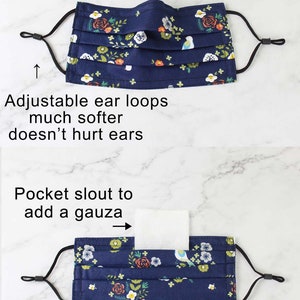 May include: A blue fabric face mask with a floral print and adjustable ear loops. The mask has a pocket for a filter and a nose wire. Adult size: 7.25 inches by 4 inches, open 7.25 inches by 7 inches.