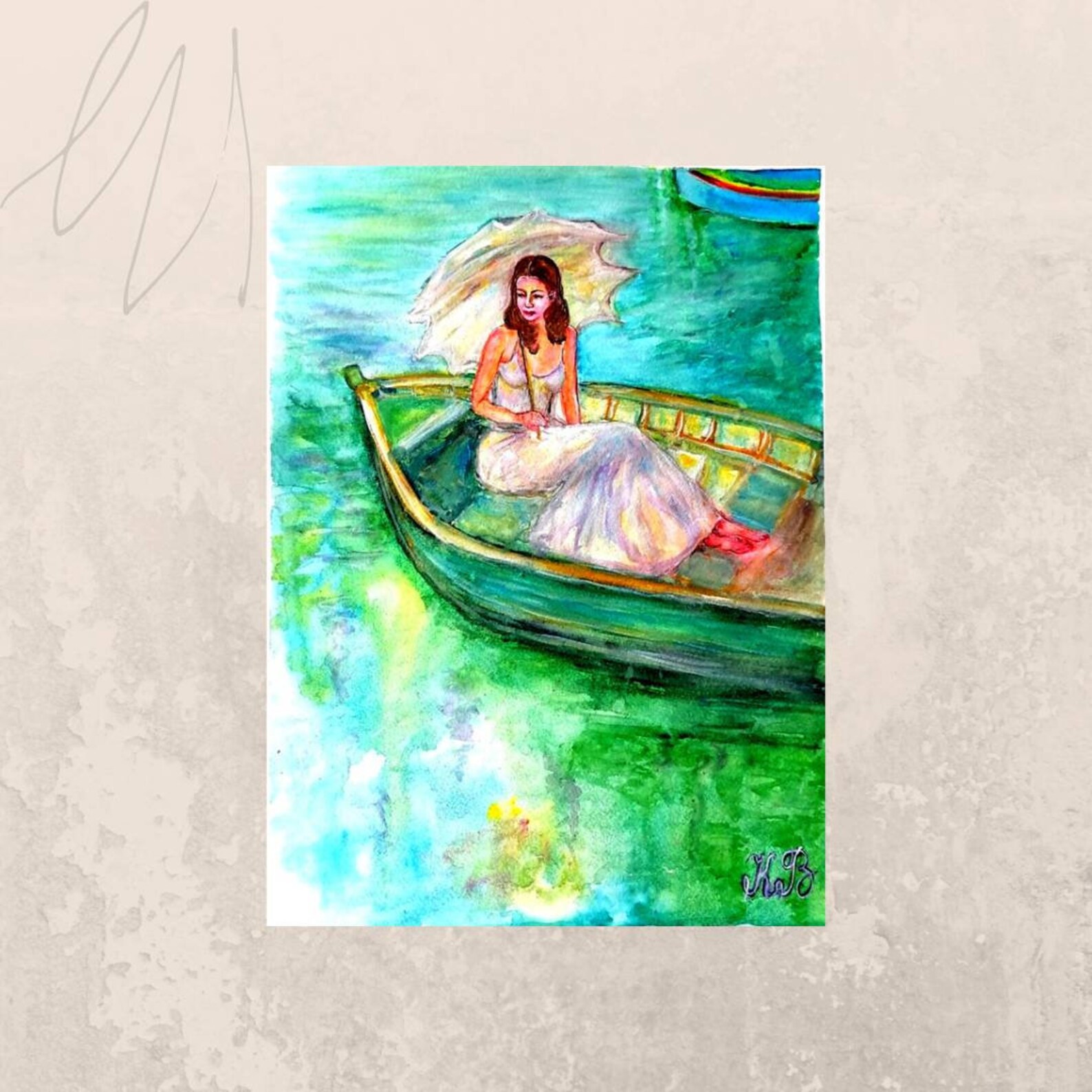 Painting Girl in Boat Girl on Lake Watercolor Painting Etsy