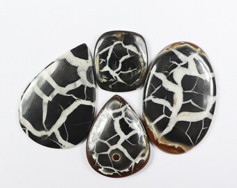 May include: Four polished black and white agate cabochons with a unique, natural, crackled pattern. The cabochons are in various shapes, including oval, teardrop, and square.