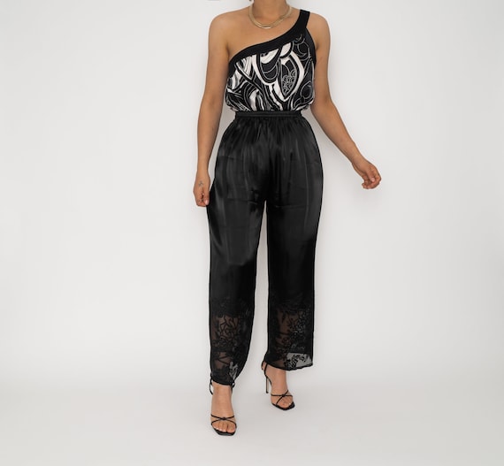 Vintage Black Lounge Ankle Silk Trousers | Stretch