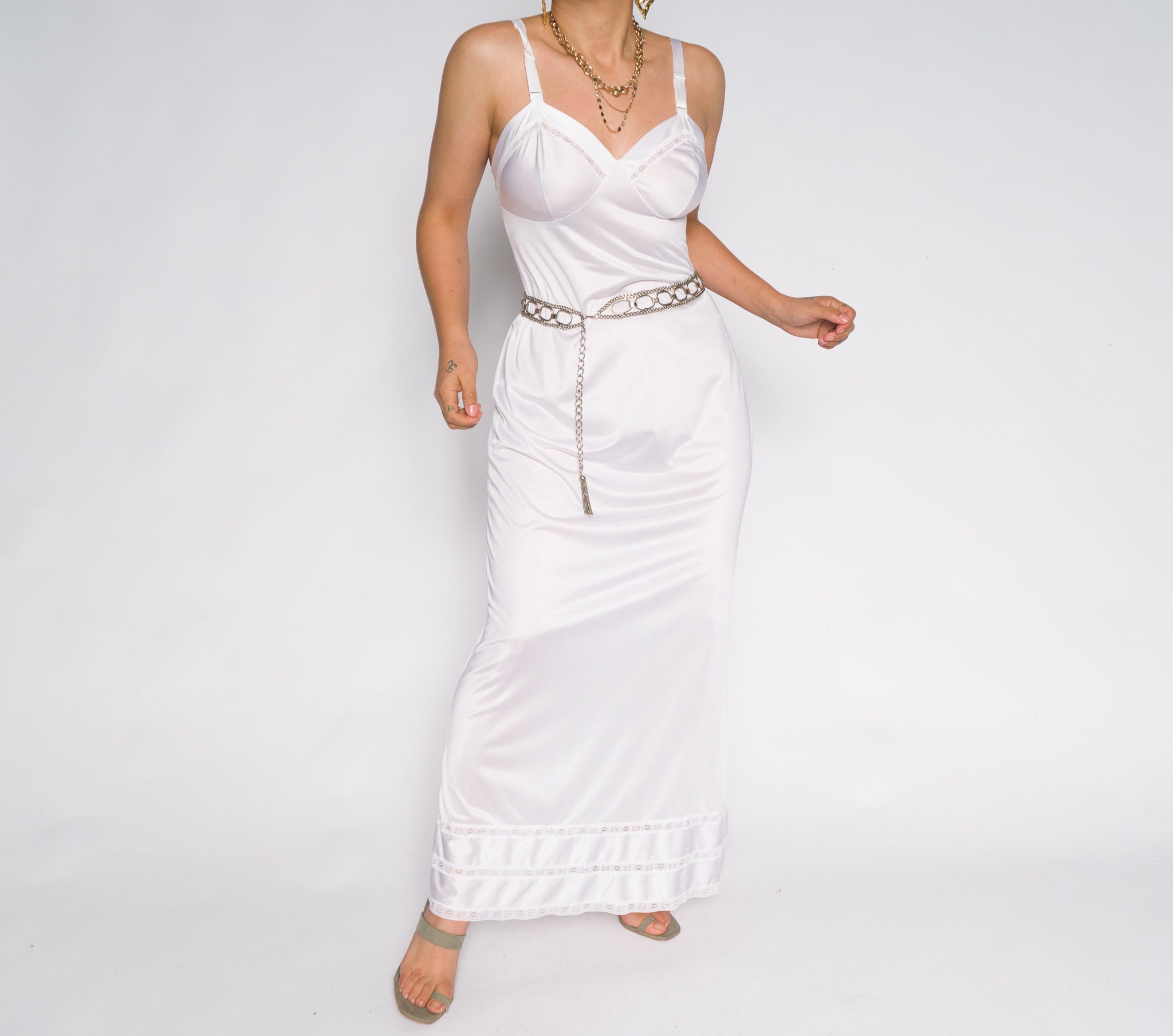 White Camisole Midi Slip Gown Sweetheart Neck Front Illusion Etsy