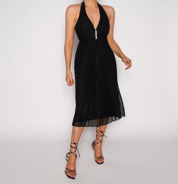 Rhinestone Vintage Black Pleated 1970s Grecian Dre