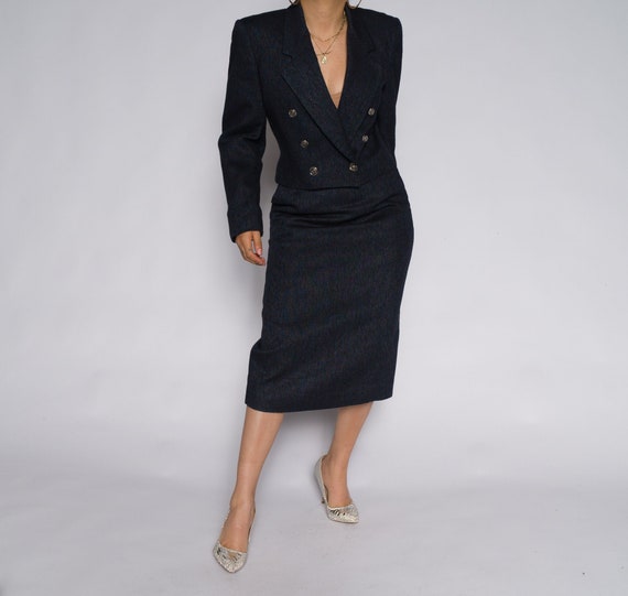 Vintage 90's Blue Denim Cropped Blazer Suit Skirt