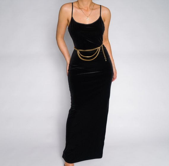 Vintage Velvet Maxi Slip 1990s Dress Gown | Black