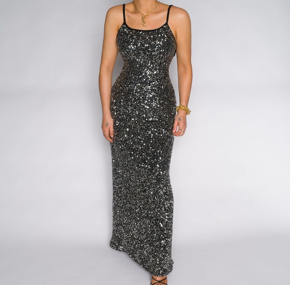 Vintage Gray Sequin Maxi Slip 1990s Dress Gown | S