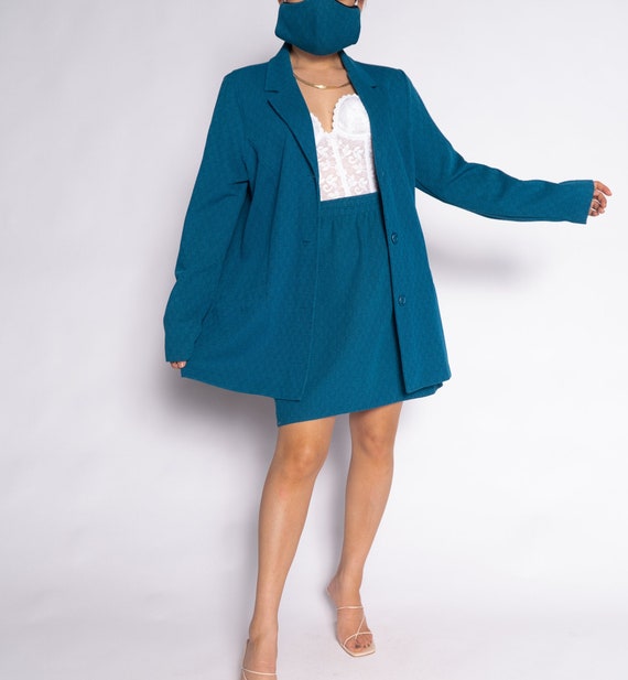 Retro Vintage Aegean Blue Knit Blazer Skirt Set