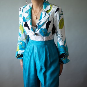 Vintage 70&#39;s Cropped Blazer | Blue Cropped Blazer | Floral Teal Blue Blazer | Vintage Clothing Shop | Shop Restyled Vintage
