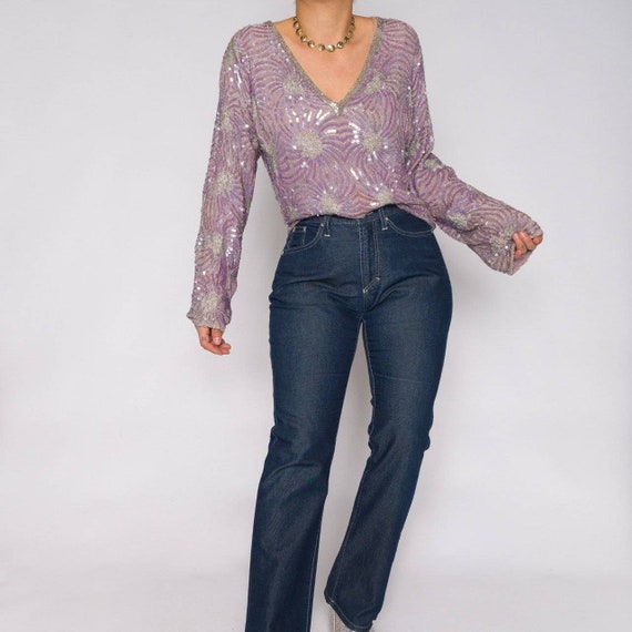 Vintage Beaded 100% Silk Sweater | Sequin V Neck B