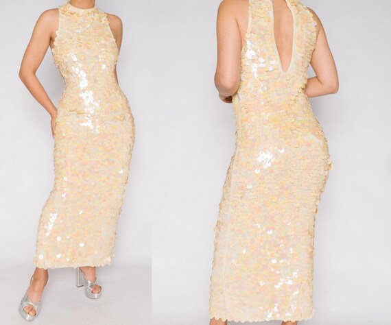 100% Wool Sequin Maxi Dress | 90s Sweater White La