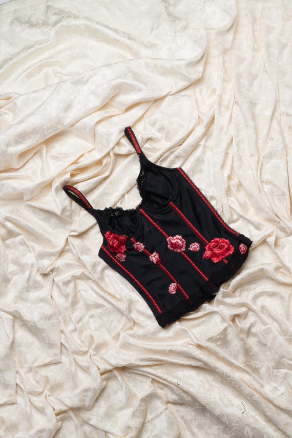 Vintage 70s Black Floral Bustier | Vintage Red Flo