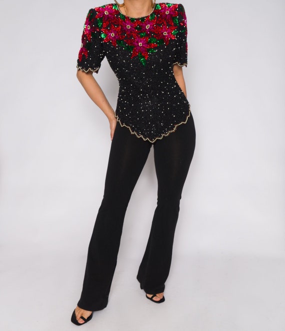 Vintage Black and Red Sequin & Beaded Short Sleeve