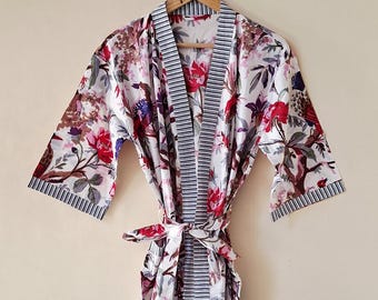 Bird Print Cotton Kimono Robe - White Color Beach Cover-Up, Long Dressing Gown Kimono