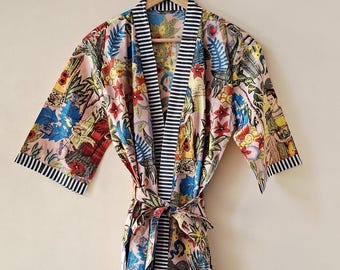 Animal Print Cotton Kimono Robe -Beach Cover-Up, Long Dressing Gown, Maternity Kimono