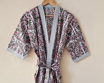 Hand Block Print Cotton Kimono Robe, Lightweight Floral Dressing Gown, Plus Size Dress