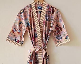 Cotton Kimono Robe Dressing Gown, Block Print Bridesmaid Robe, Summer Nightwear, One Size