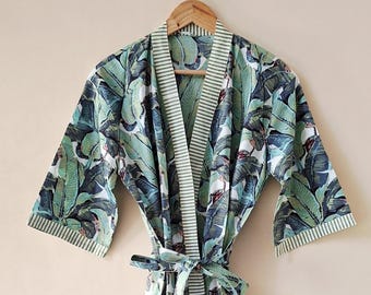 Cotton Kimono Banana Leaf Print Robes Dressing Gown, Block Print Bridesmaid Dress, One Size