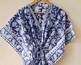 Hand Block Print Cotton Kaftan Robe: Floral Festival Clothing