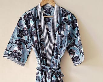 100% Cotton Banana Leaf Print Kimono Robe, Boho Summer Nightwear, Free Size