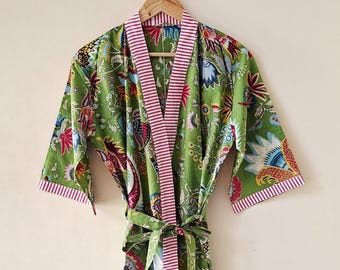 Floral Print Cotton Kimono Robe - Green Color Beach Cover-Up, Long Dressing Gown Kimono