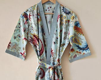 Hand Block Print Cotton Kimono Robe, Plus Size Floral Dressing Gown, Beach Cover-up