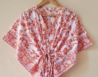 Hand Block Print Cotton Kaftan Dress: Floral Maxi Kaftan, Plus Size
