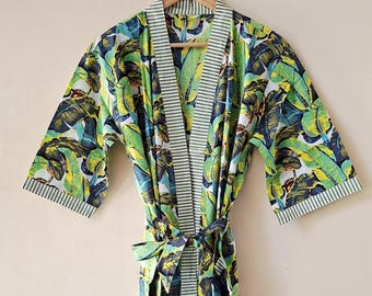 Cotton Kimono Banana Leaf Print Robes, Block Print Bridesmaid Dress, Summer Nightwear, One Size