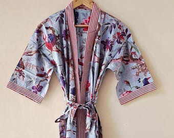 Bird Print Cotton Kimono Robe - Gray Color Beach Cover-Up, Long Dressing Gown Kimono