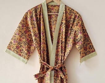 Floral Block print Cotton Kimono Robe: Indian Caftan Dress, Plus Size