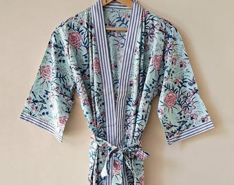 Floral Print Cotton Kimono Robe - Beach Cover-Up, Long Dressing Gown Kimono, Free size Dress