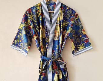 Frida Kahlo Print Cotton Kimono Robe -Beach Cover-Up, Long Dressing Gown, Maternity Kimono